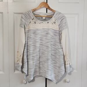 Style & Co Womens Gray White Marled Lace Mixed Media Top Size SM Boho Shark Bite